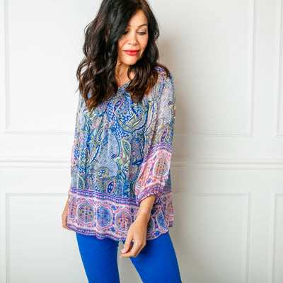 The royal blue Silk Blend Paisley Top in a beautiful, intrciate paisley print with a stretchy lining underneath