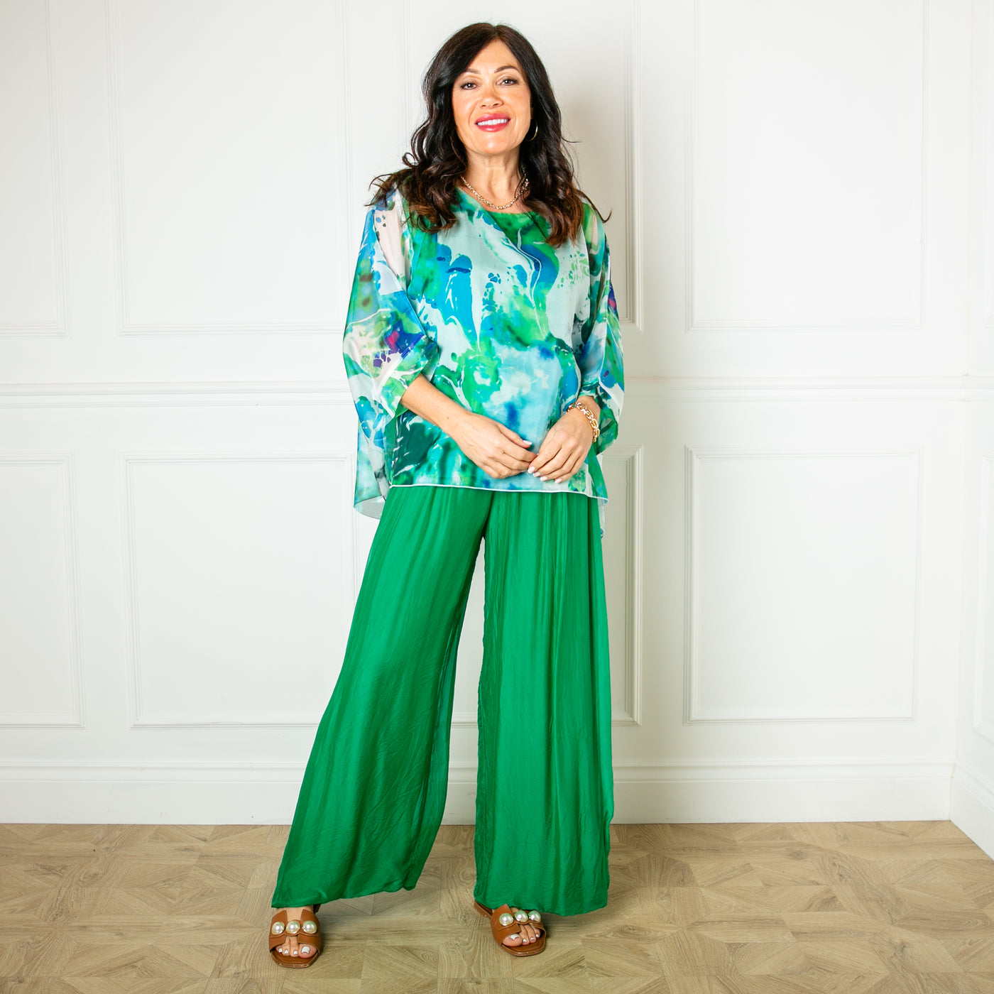 The emerald green Silk Blend Trousers which are lightweight and perfect for summer