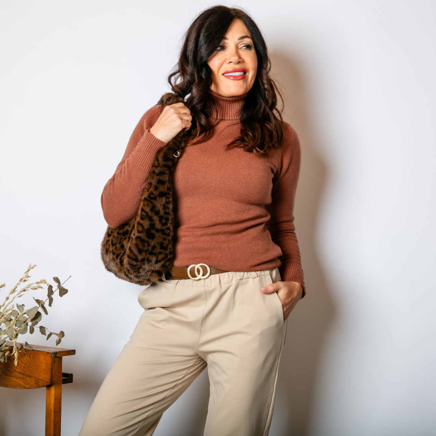 Slim Fit Roll Neck Jumper in chocolate brown with a high neckline that can be rolled to desired style