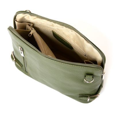 olive green leather Sloane bag, including adjustable strap, buckle detail and the outside pocket. Open zip inside shot
