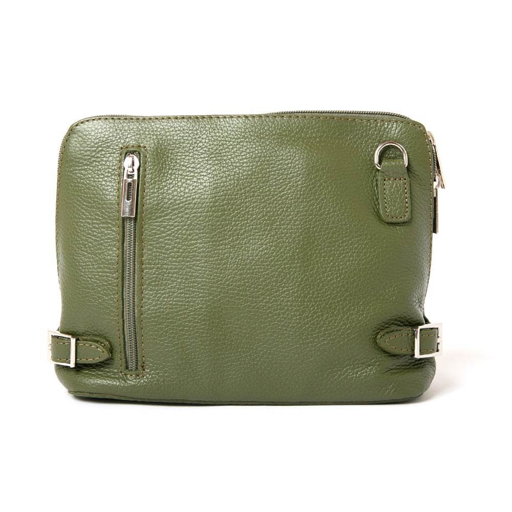 Olive green  Italian leather Sloane Handbag, with a adjustable leather strap, three side zip, buckle detail and the outside pocket. Shown from the front.