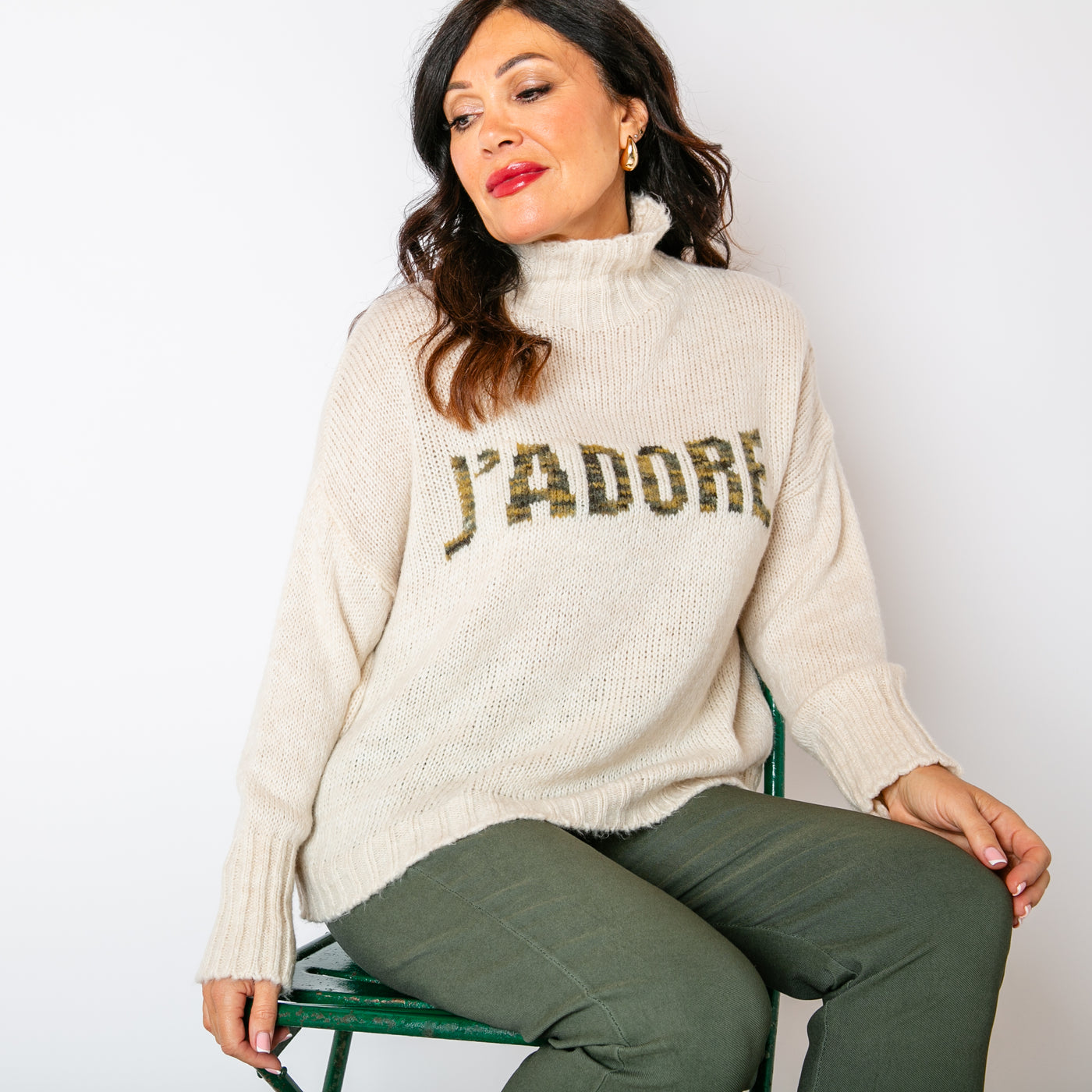 The stone cream Slogan Wool Blend Jumper with khaki green writing across the front