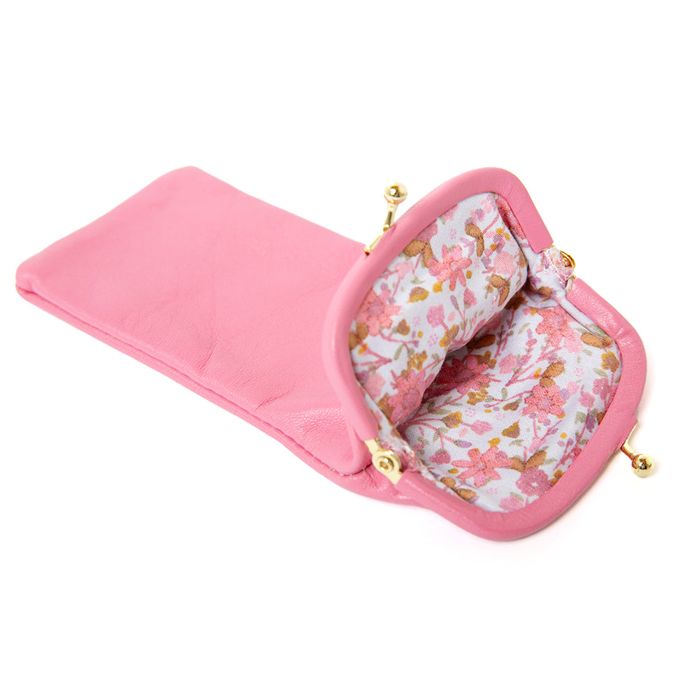 Soft glasses case in candy pink, women's accessories, gold clasp fastening, easy to have in your handbag, beautifully soft case.