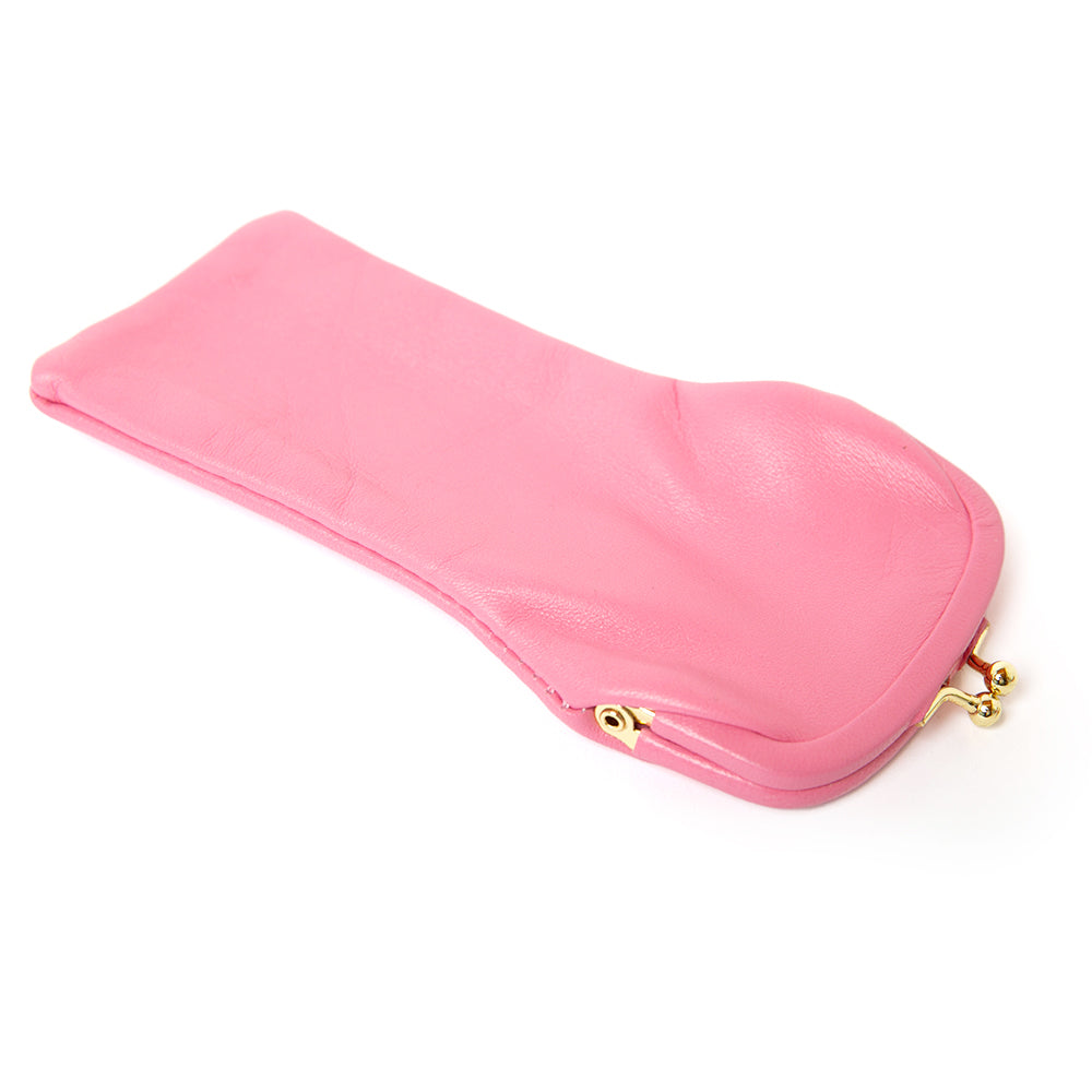 Soft glasses case in candy pink with a colourful patterned lining, made from Italian leather