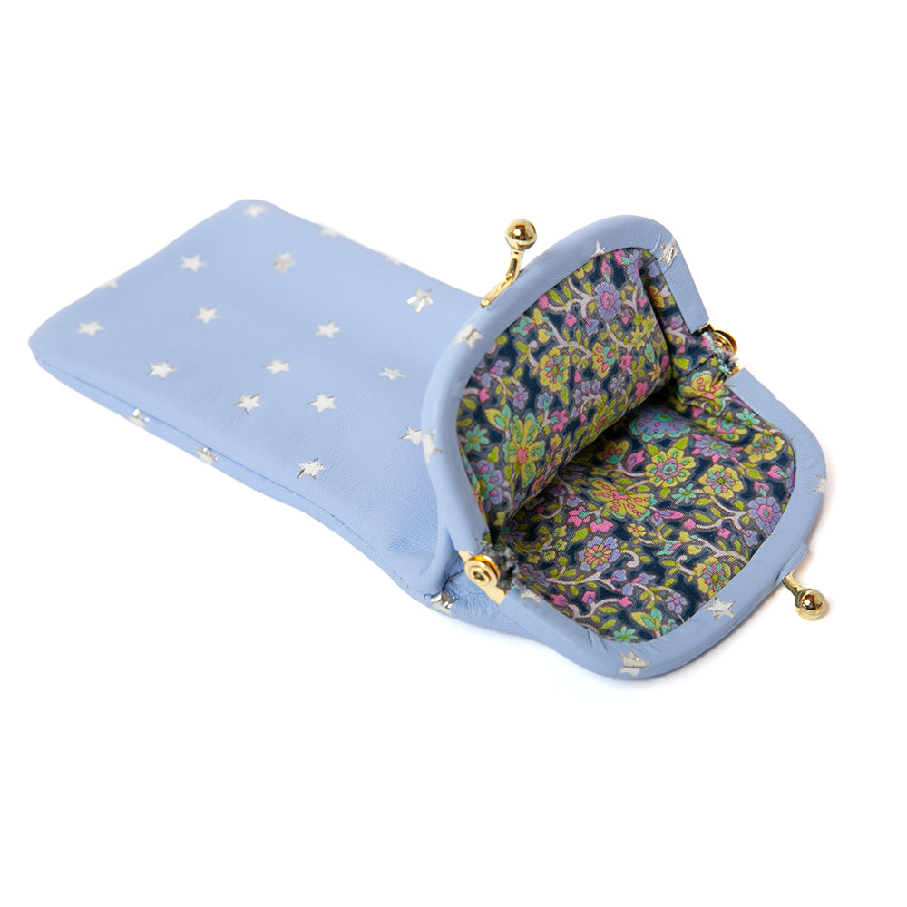 Soft glasses case in lilac purple blue with silver metallic stars, women's accessories, gold clasp fastening, easy to have in your handbag, beautifully soft case.