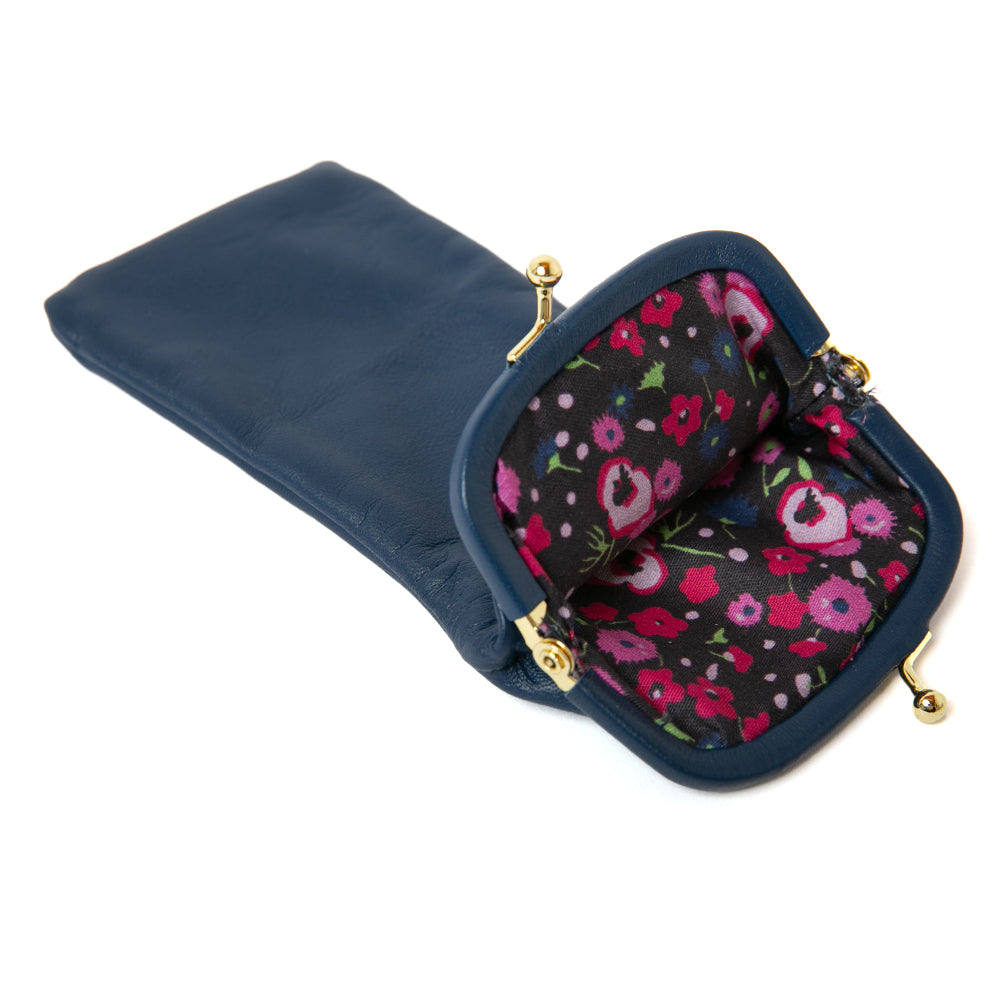 Soft glasses case in navy blue, women's accessories, gold clasp fastening, easy to have in your handbag, beautifully soft case.