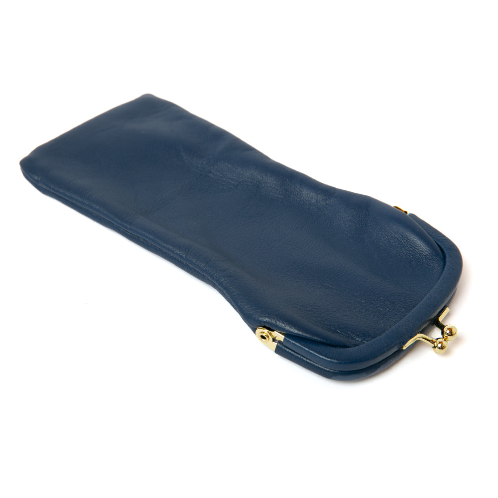 Soft glasses case in navy blue with a colourful patterned lining, made from Italian leather