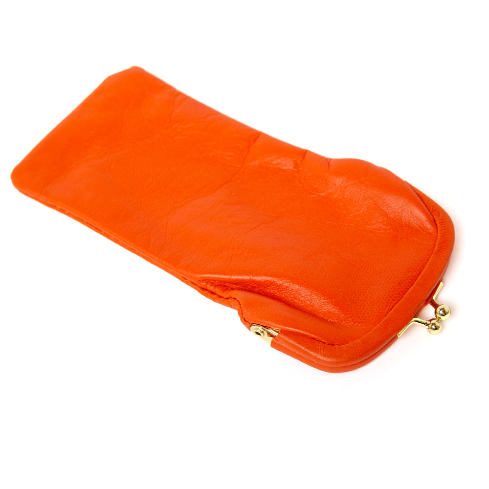 Soft glasses case in orange with a colourful patterned lining, made from Italian leather