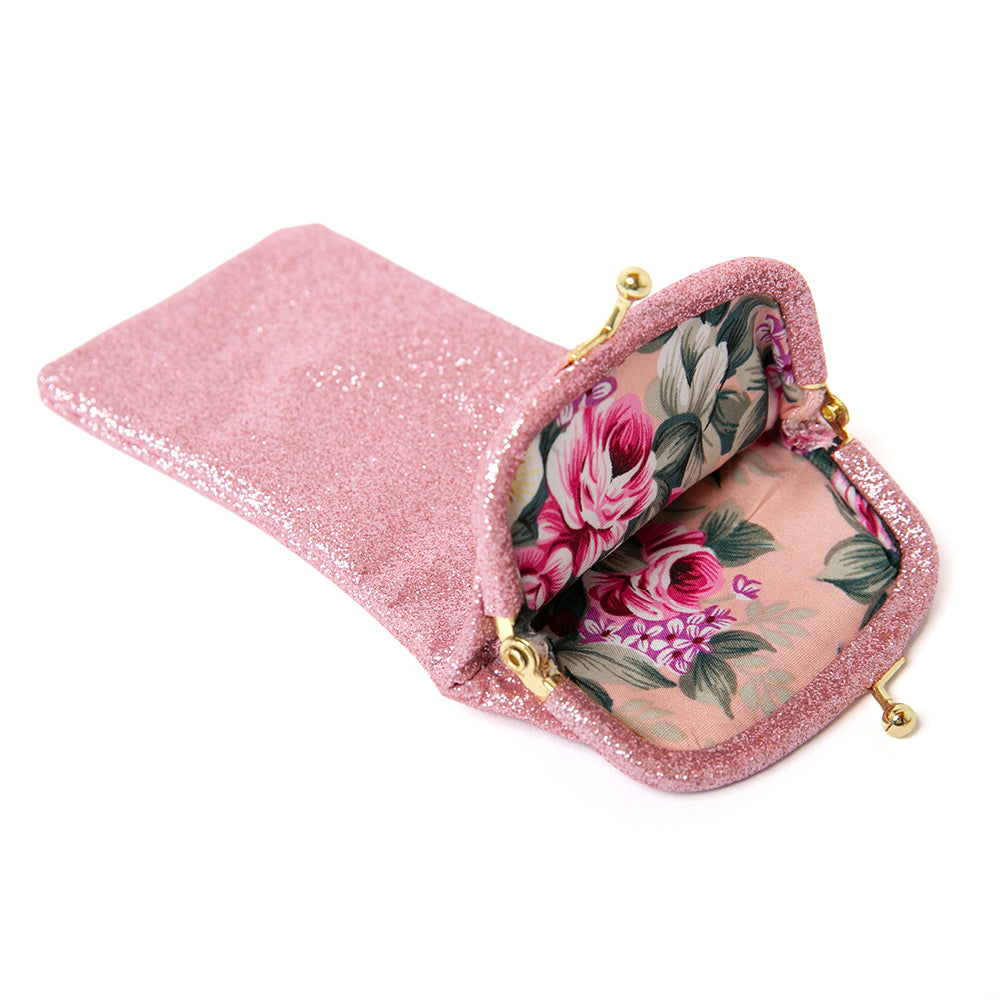 Soft glasses case in pink sparkly, women's accessories, gold clasp fastening, easy to have in your handbag, beautifully soft case.