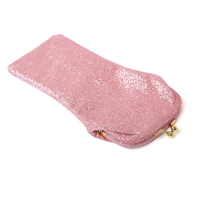 Soft glasses case in pink sparkly with a colourful patterned lining, made from Italian leather