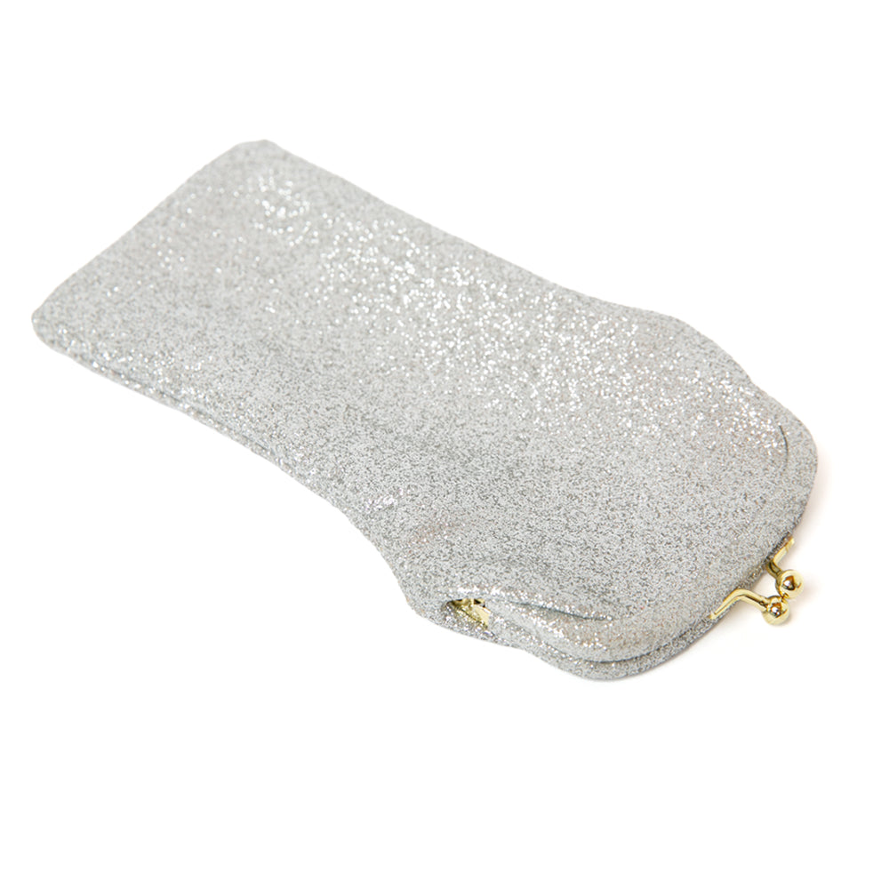 Soft glasses case in silver sparkly with a colourful patterned lining, made from Italian leather