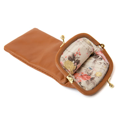 Soft glasses case in tan brown, women's accessories, gold clasp fastening, easy to have in your handbag, beautifully soft case.