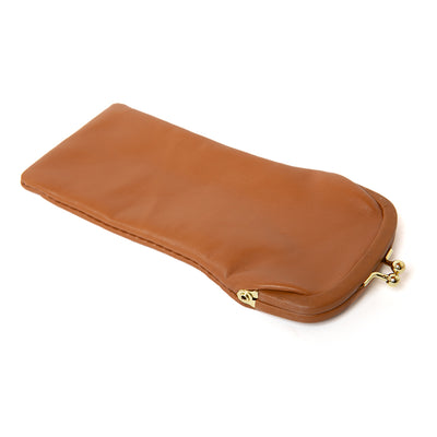 Soft glasses case in tan brown with a colourful patterned lining, made from Italian leather
