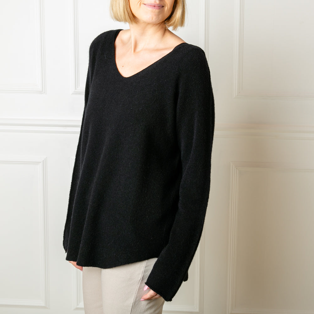 The black Soft V Neck Jumper made from a super soft fine knitted blend material