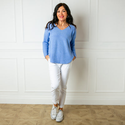The cornflower blue Soft V Neck Jumper makes the perfect wardrobe staple for spring and summer this year