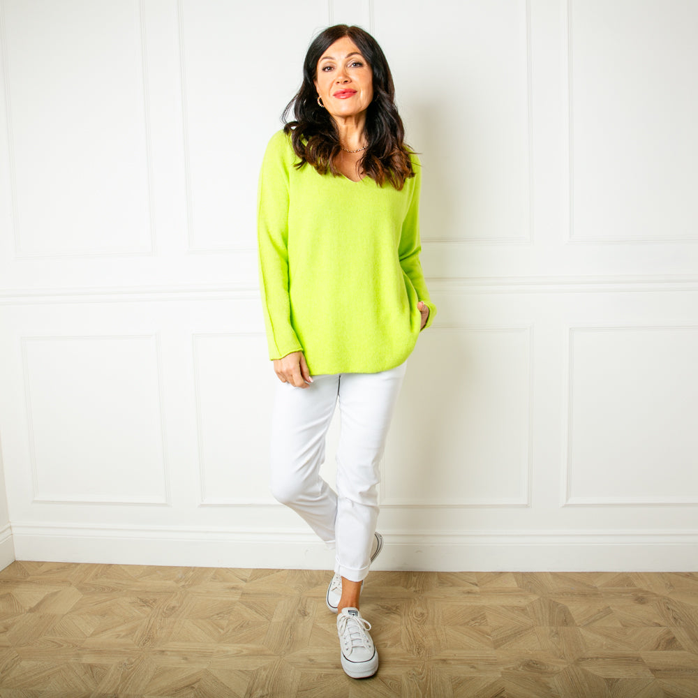 The chartreuse green Soft V Neck Jumper made from a super soft fine knitted blend material