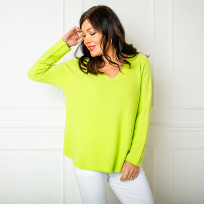 The chartreuse green Soft V Neck Jumper makes the perfect wardrobe staple for spring and summer this year