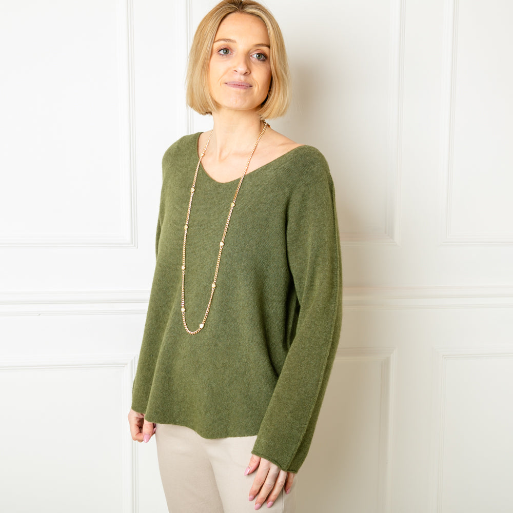 The khaki green Soft V Neck Jumper makes the perfect wardrobe staple for spring and summer this year
