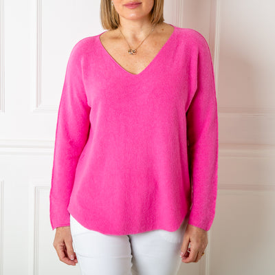 The fuchsia pink Soft V Neck Jumper makes the perfect wardrobe staple for spring and summer this year