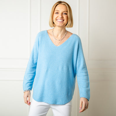 The sky blue Soft V Neck Jumper made from a super soft fine knitted blend material