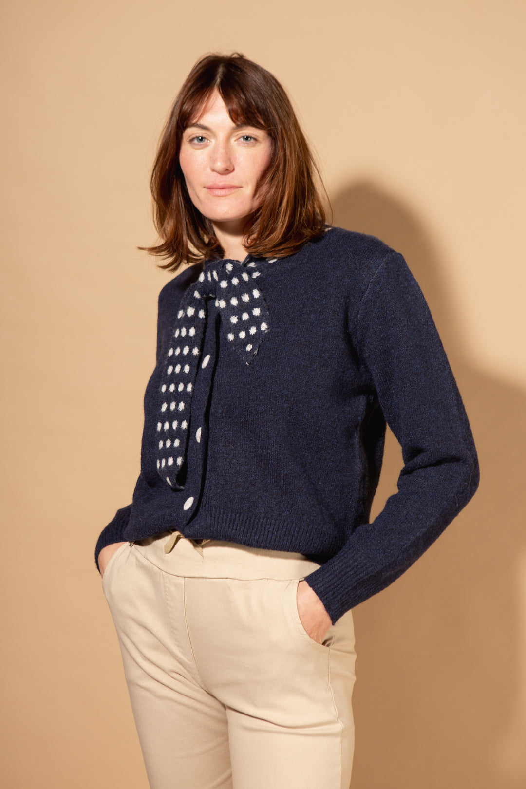 Spot Tie Collared Cardigan