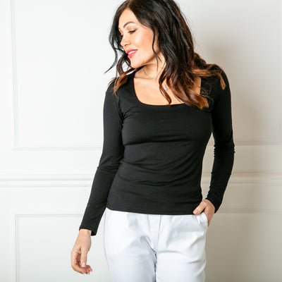 The black Square Neck Top with long sleeves and a shorter length