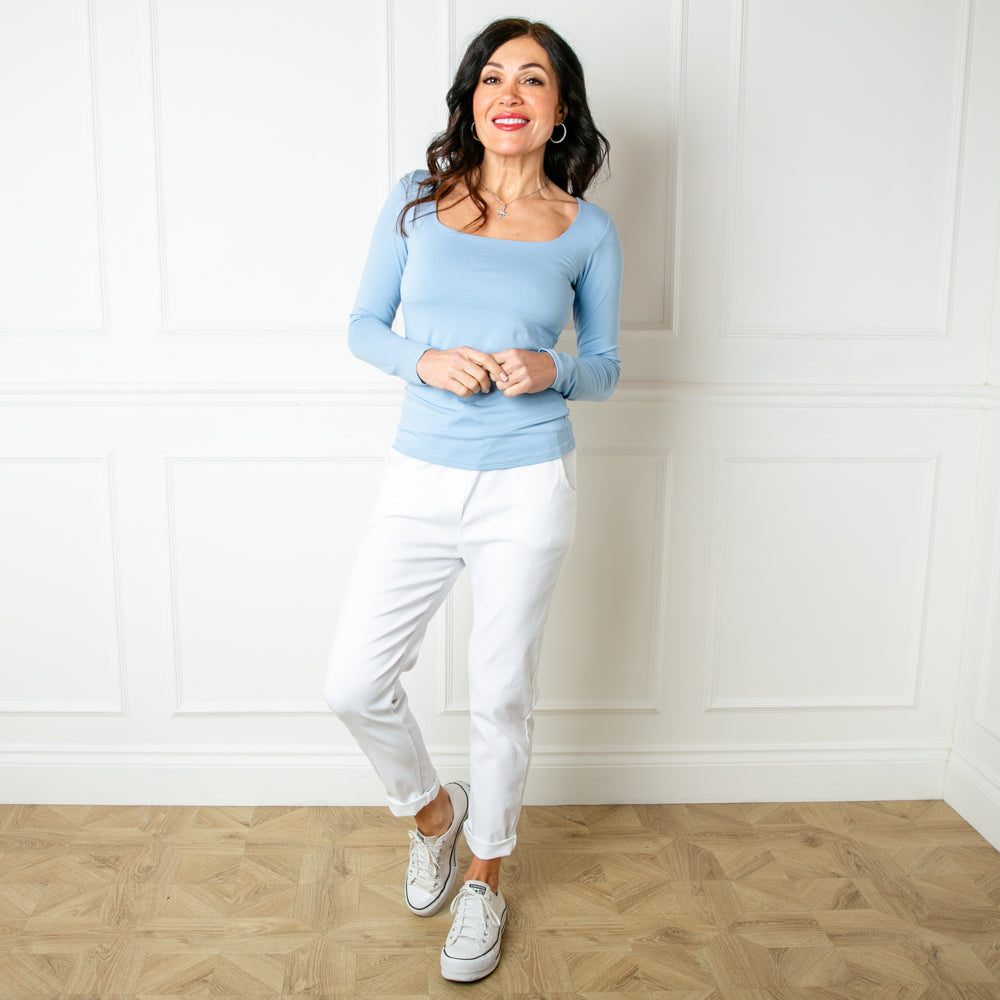 The powder blue Square Neck Top super stretchy and made from 95% viscose and 5% elastic
