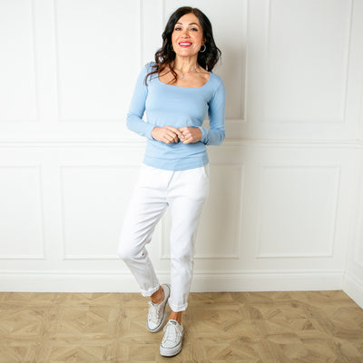 The powder blue Square Neck Top super stretchy and made from 95% viscose and 5% elastic