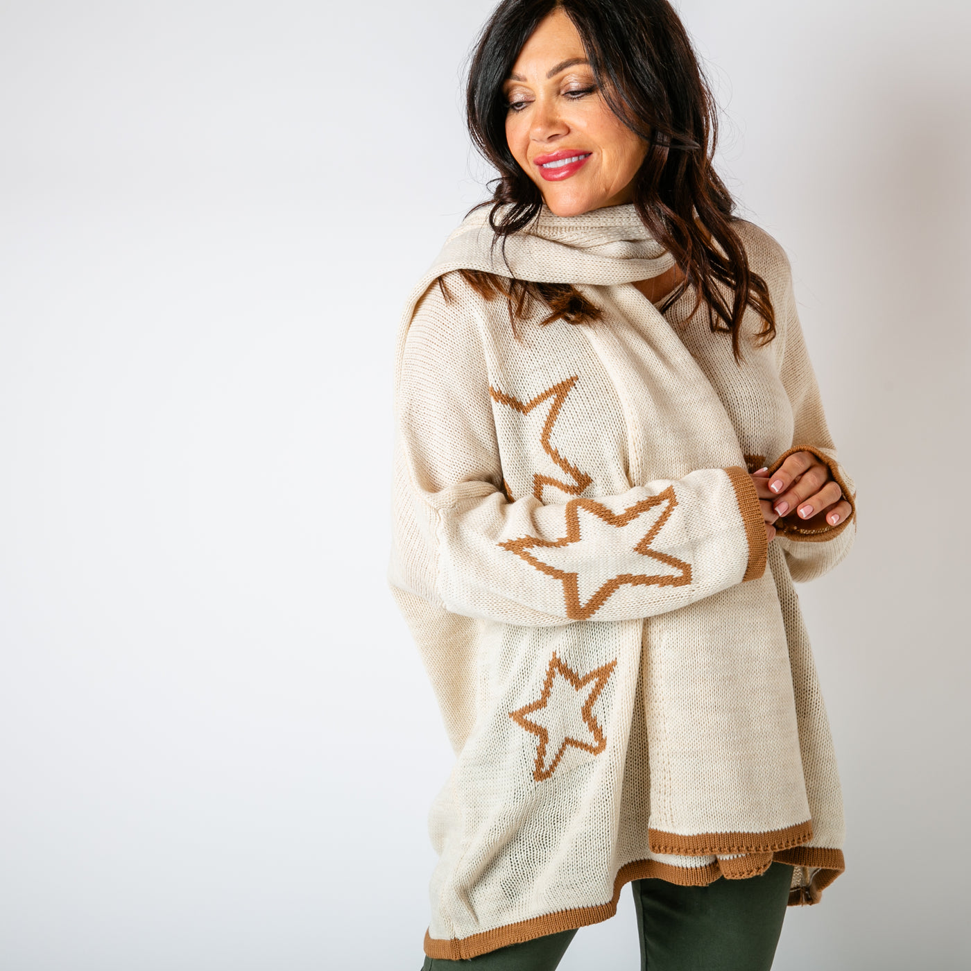 The stone cream Star Jumper & Scarf with a large star print across the front of the jumper