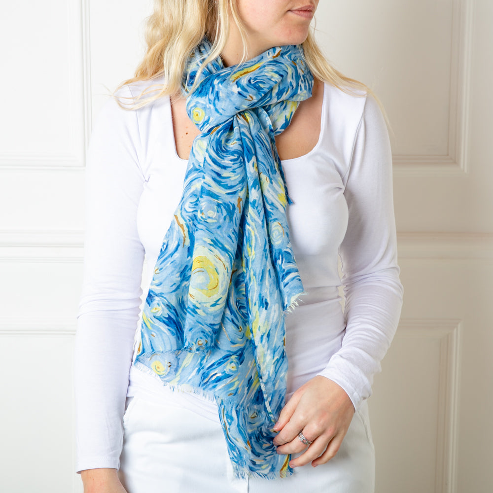 The Starry night scarf in blue with undertones of yellow and hints of brown