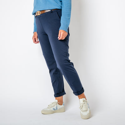 The navy blue Stretch Chinos with pockets on either side of the hip and on the back