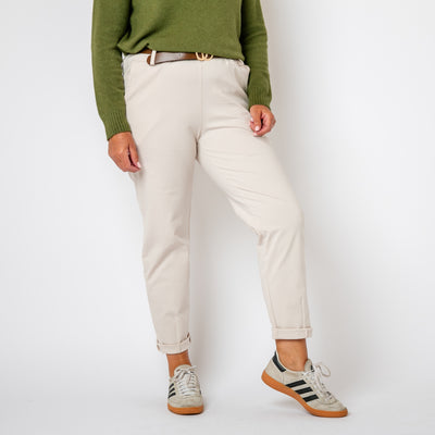 The cream Stretch Chinos with a tapered leg silhouette and a little stretch