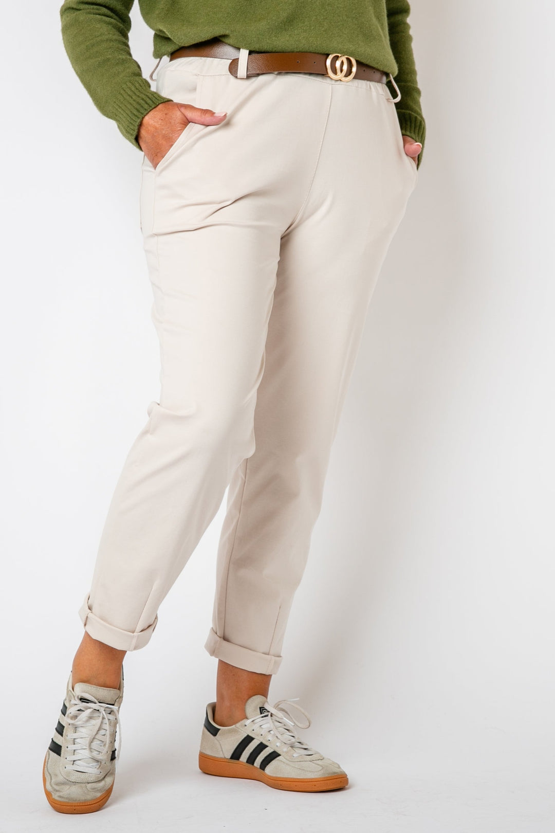 The stone cream Stretch Chinos that come with a complimentary brown belt with a gold coloured buckle