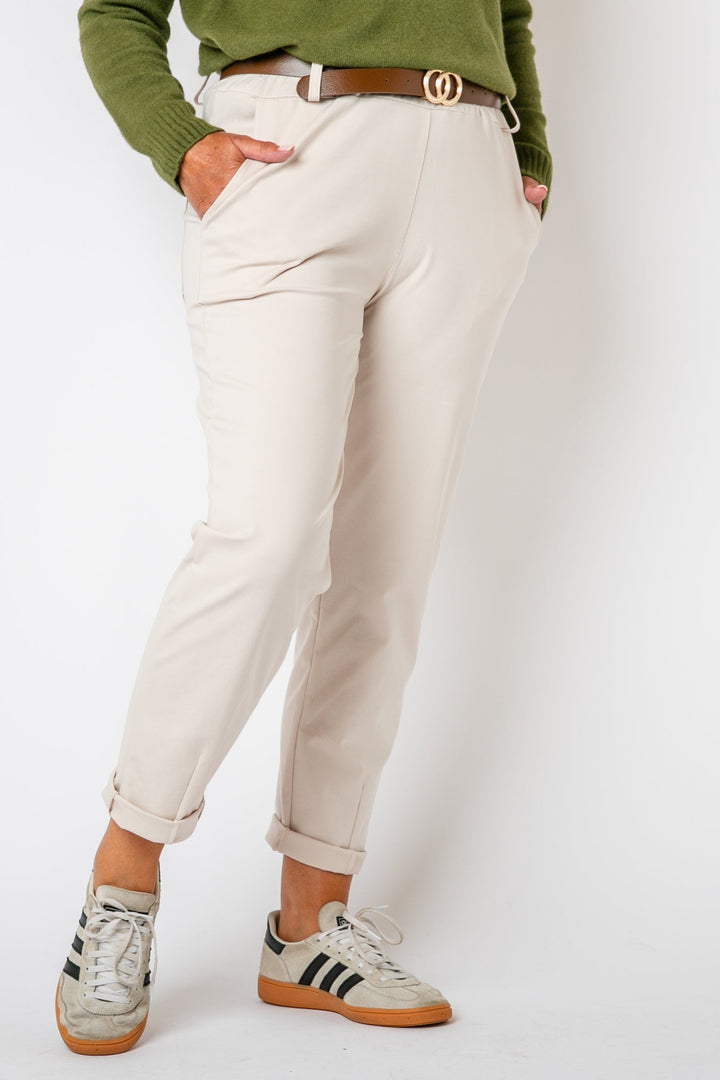 The stone cream Stretch Chinos that come with a complimentary brown belt with a gold coloured buckle