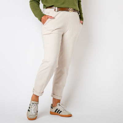 The stone cream Stretch Chinos that come with a complimentary brown belt with a gold coloured buckle