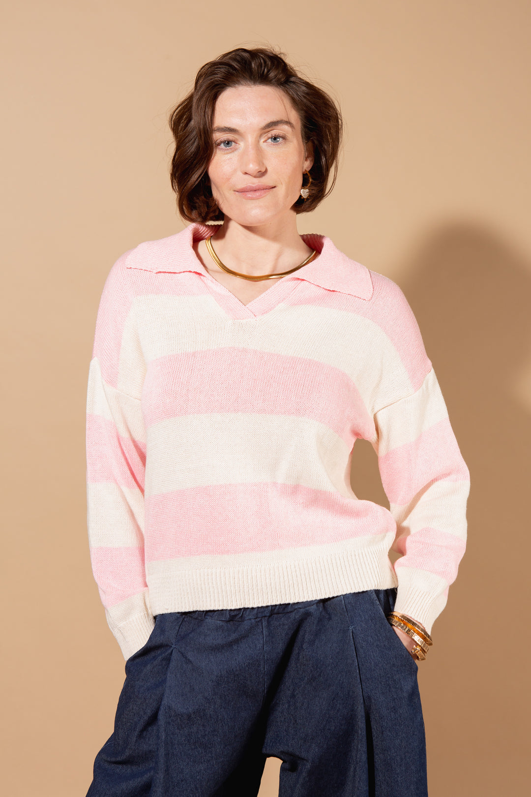 Striped Collar Knitted Jumper