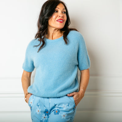 The powder blue Suri Alpaca Mix Short Sleeve Jumper with sleeves that fall just above the elbow and a round neckline