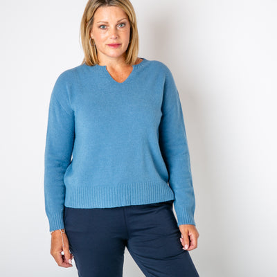 The denim blue Sweetheart Knitted Jumper with long sleeves and a small V sweetheart neckline