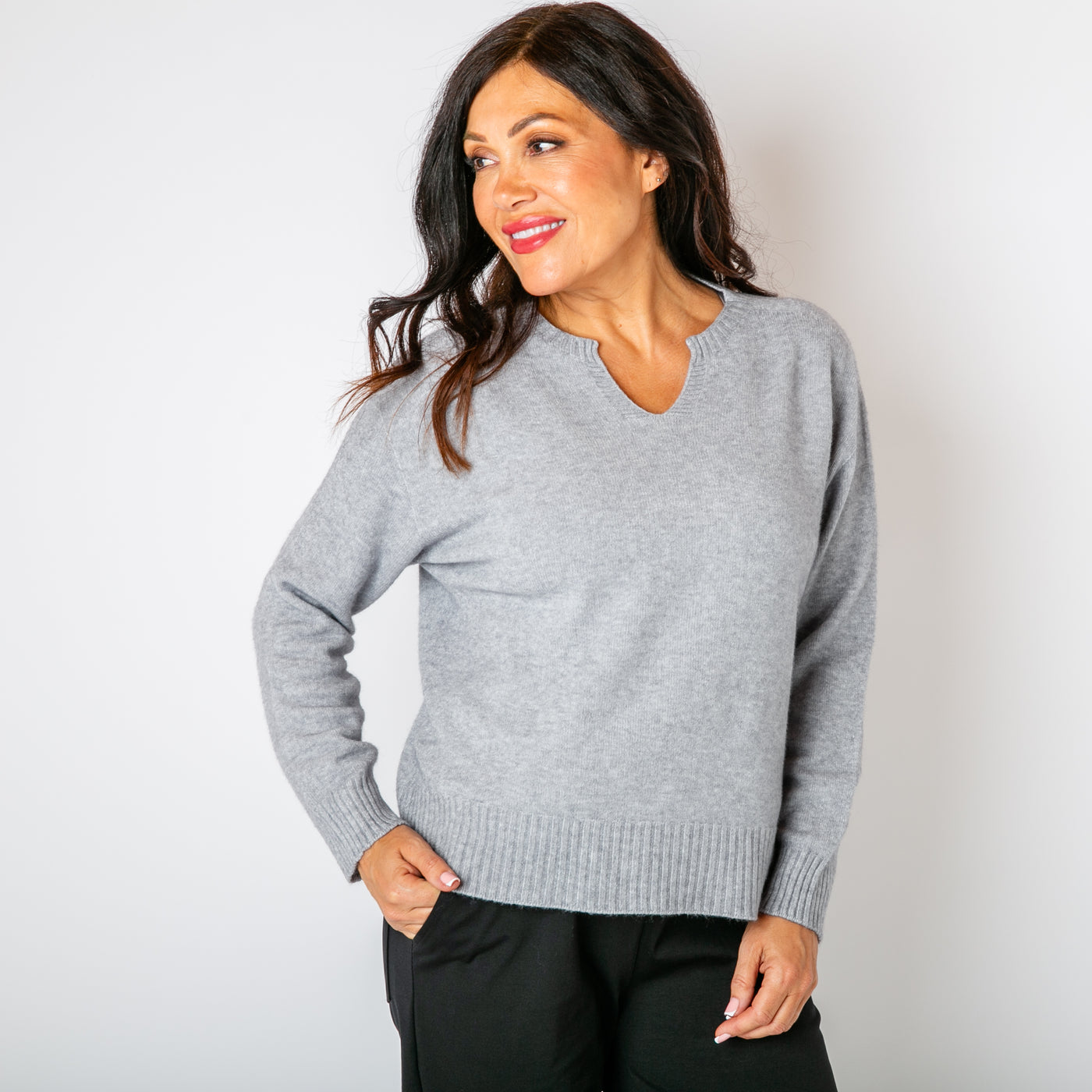 The grey Sweetheart Knitted Jumper with long sleeves and a small V sweetheart neckline