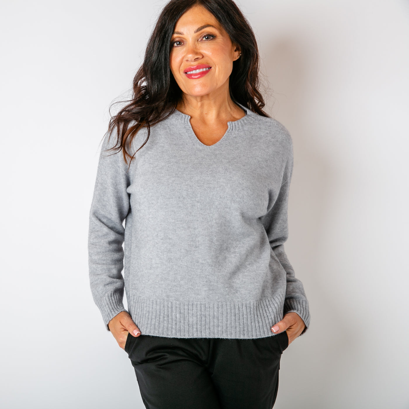 The grey Sweetheart Knitted Jumper with ribbed detailing on the cuffs and bottom hemline