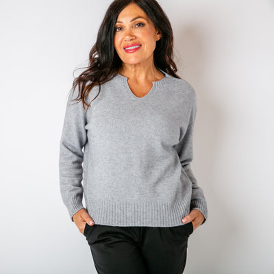 The grey Sweetheart Knitted Jumper with ribbed detailing on the cuffs and bottom hemline