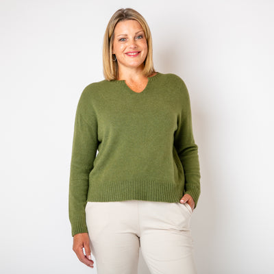 The khaki green Sweetheart Knitted Jumper with long sleeves and a small V sweetheart neckline