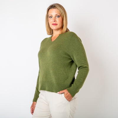 The khaki green Sweetheart Knitted Jumper with ribbed detailing on the cuffs and bottom hemline