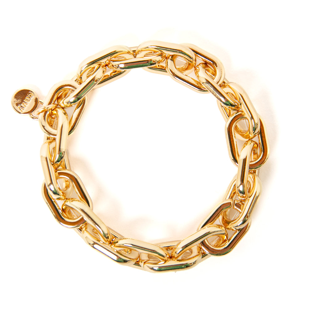 The gold Talia Bracelet made up of a chunky linked chain with elastic running through the middle for stretch and easy wear
