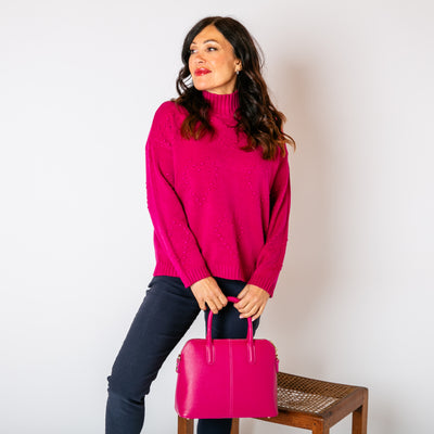 The berry pink Textured Heart Jumper with long sleeves with ribbed cuffs