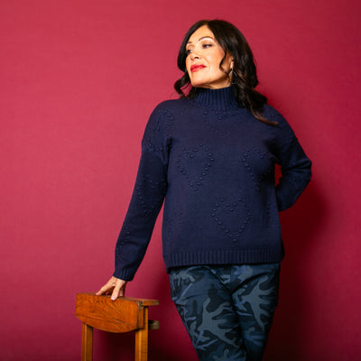 The navy blue Textured Heart Jumper made from a blend of viscose and nylon