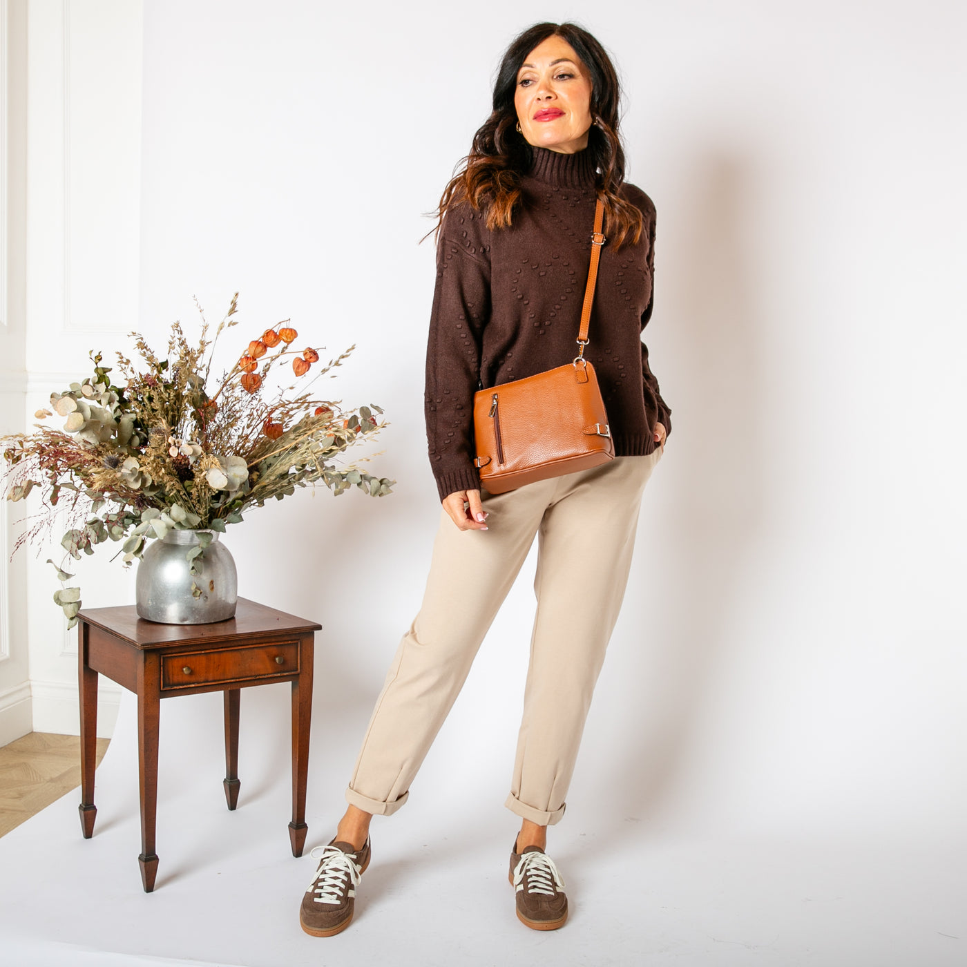 chocolate brown Textured Heart Jumper with a fun spotty heart pattern across the front