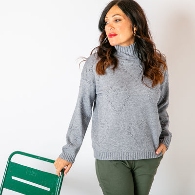 The silver grey Textured Heart Jumper with long sleeves with ribbed cuffs