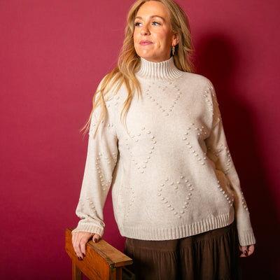 The stone cream Textured Heart Jumper with long sleeves with ribbed cuffs