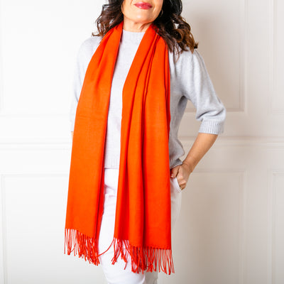 Women's Cashmere Mix Pashmina with Tassels in Burnt Orange, Super Soft Scarf Wrap